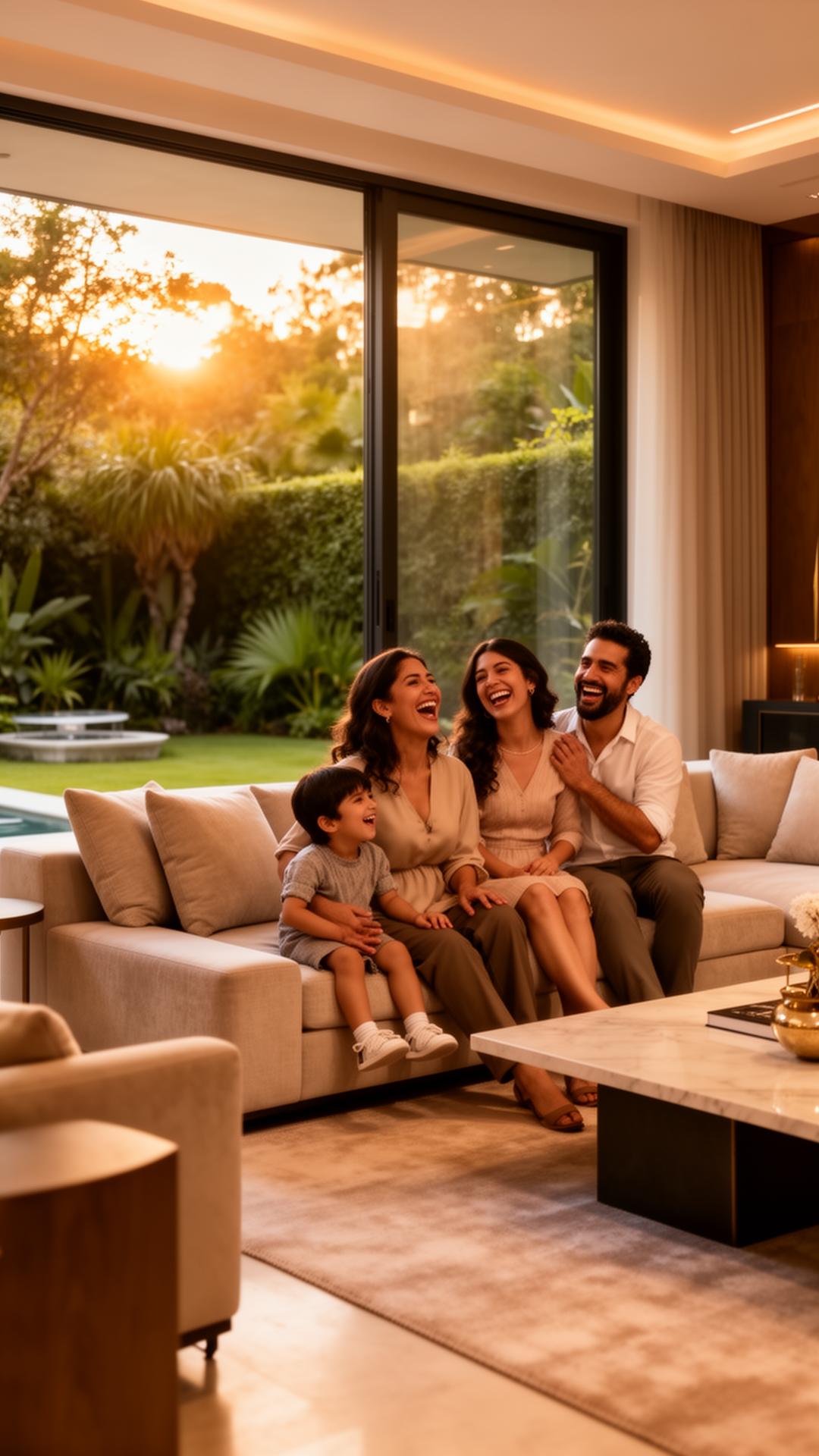 Familia feliz disfrutando su nuevo hogar en Villas Zacango